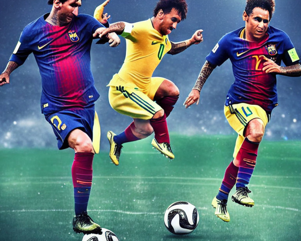Colorful Soccer Players in Action Against Grainy Blue Background