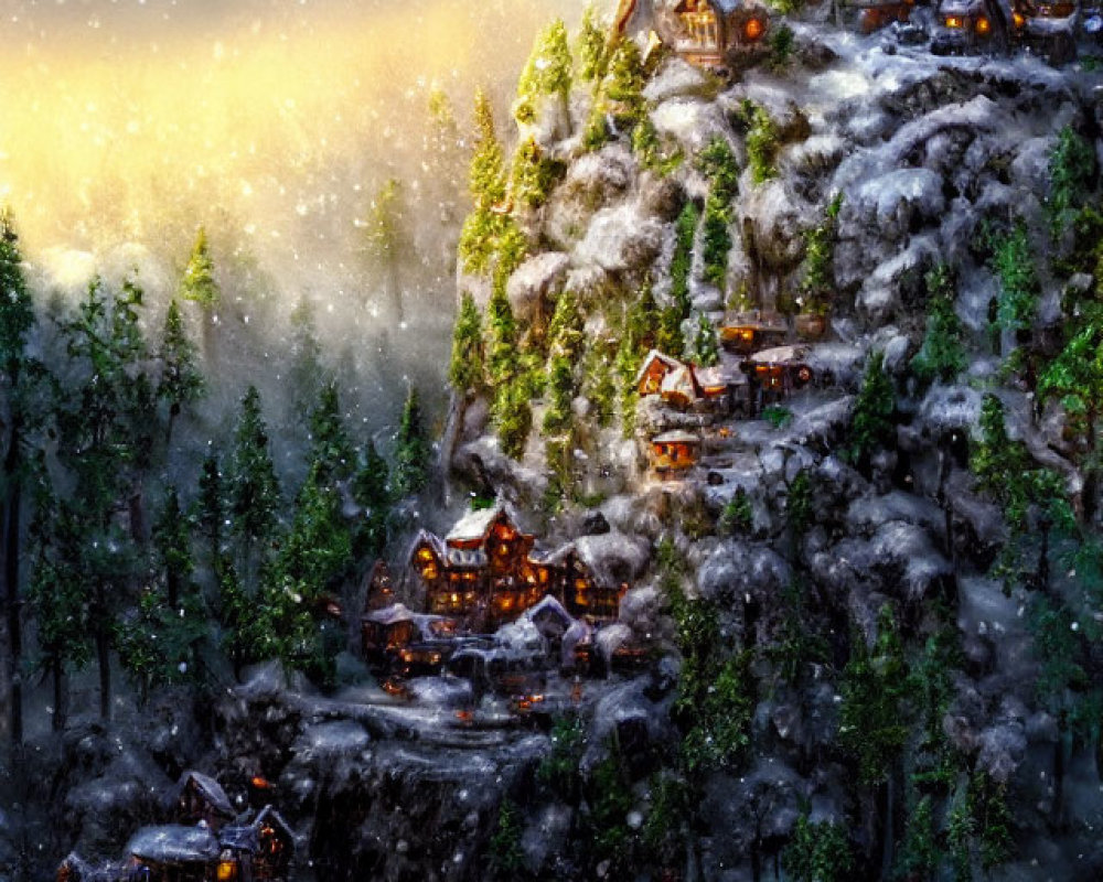 Snowy Mountain Village with Illuminated Cabins in Twilight Snowfall