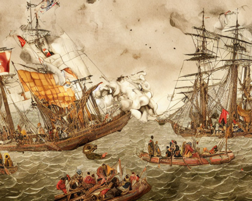 Naval battle scene with sailing ships, small boats, and billowing smoke