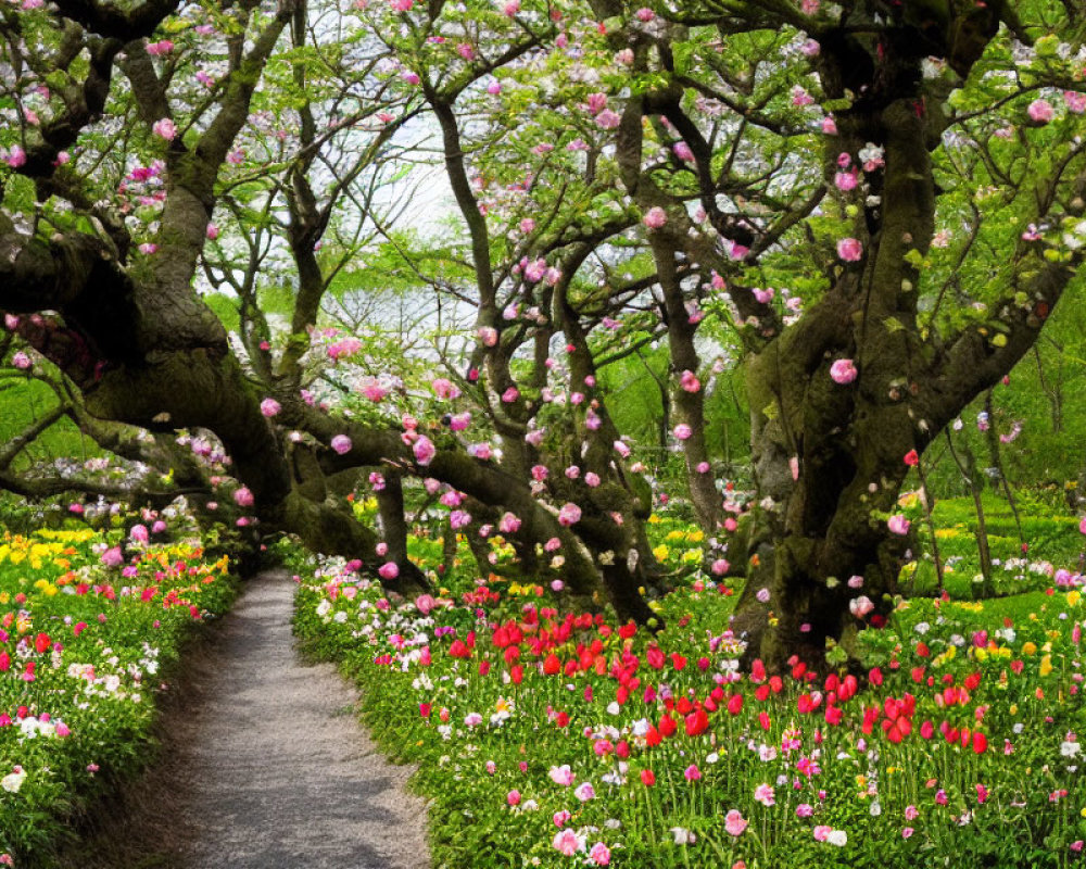 Vibrant garden path with pink trees and tulips under cloudy sky