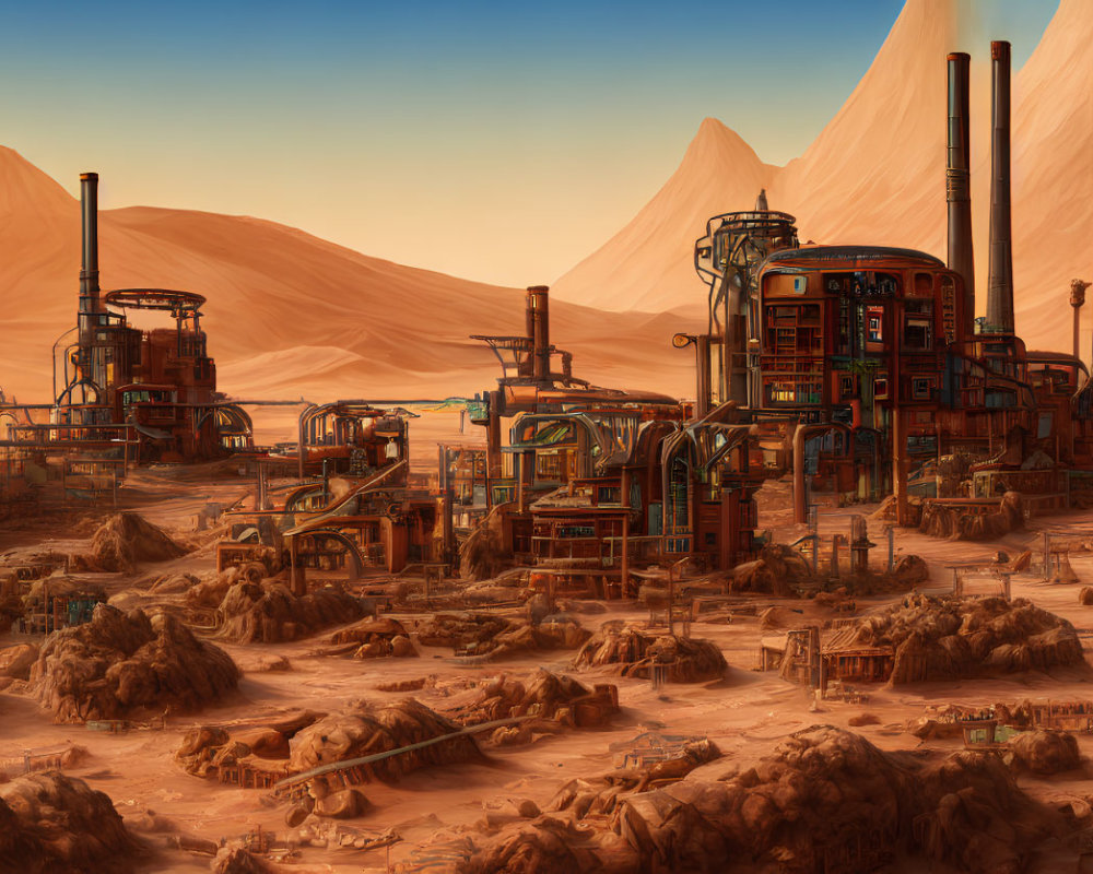 Industrial complex with smokestacks in Mars-like desert landscape