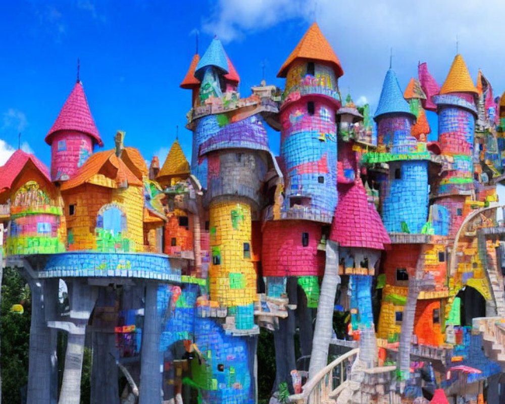 Multicolored fantasy castle with towers and turrets against blue sky