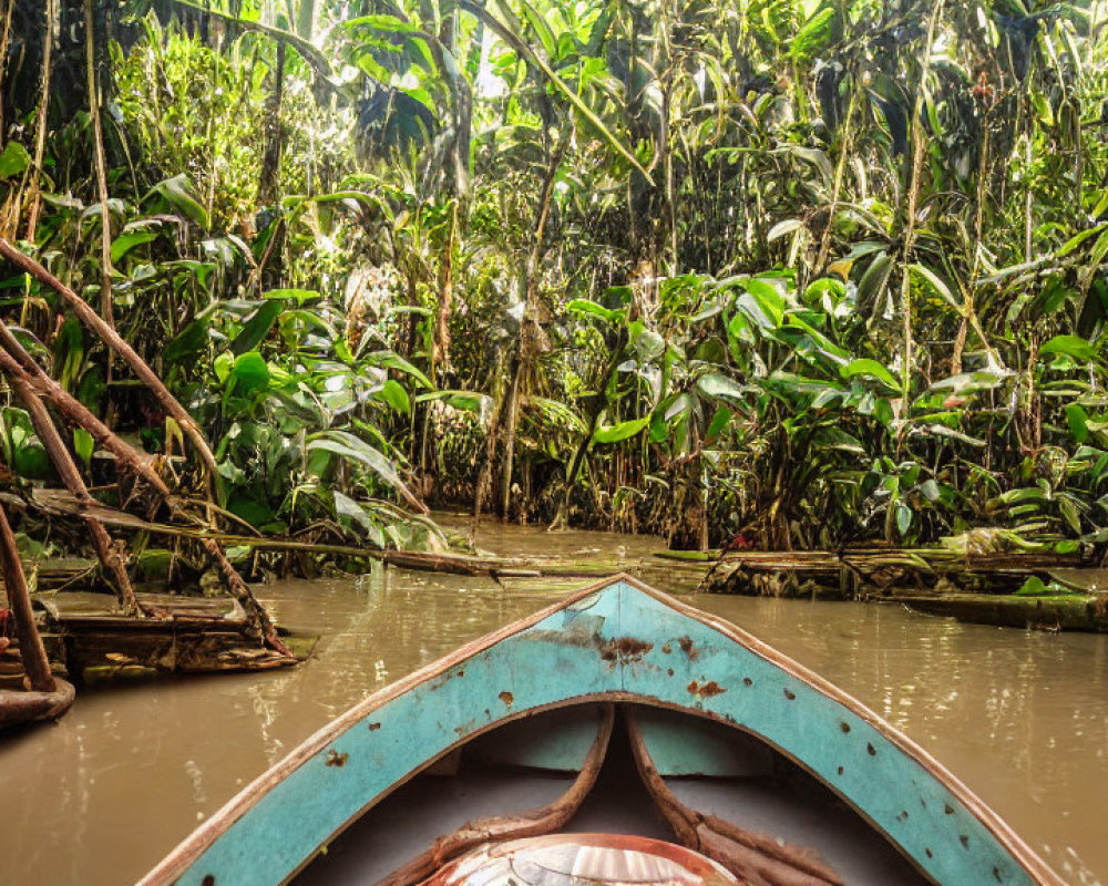 Blue canoe navigating narrow waterway in dense tropical vegetation