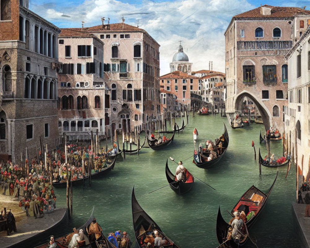 Historic Venetian canal scene with gondolas and crowds in period attire