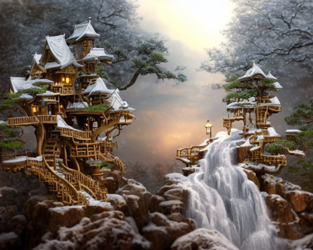 Asian-Inspired Treehouses on Rocky Outcrops in Fantasy Forest