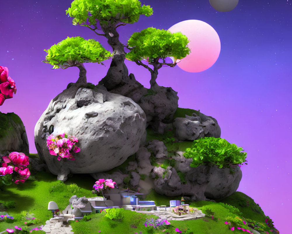 Fantasy landscape with floating rock, modern house, and two moons