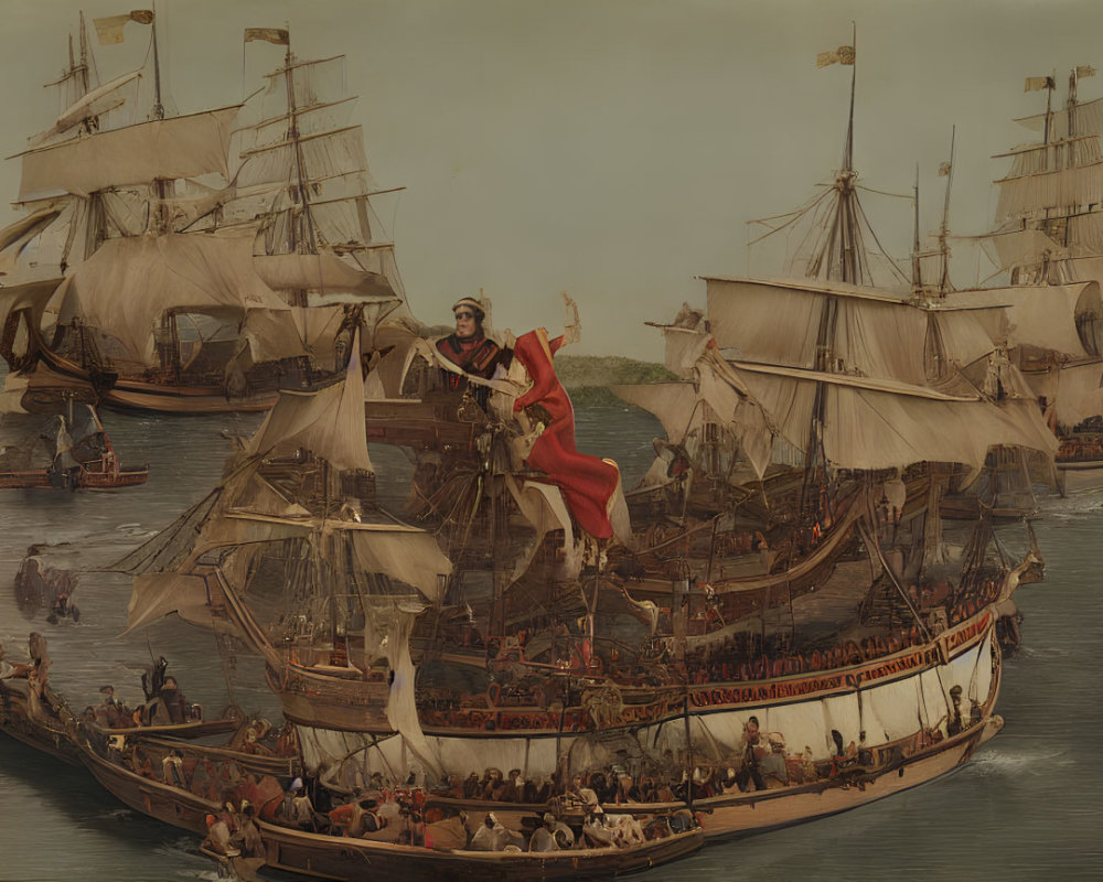 Historical maritime painting of ornate sailing ships and people waving flag.