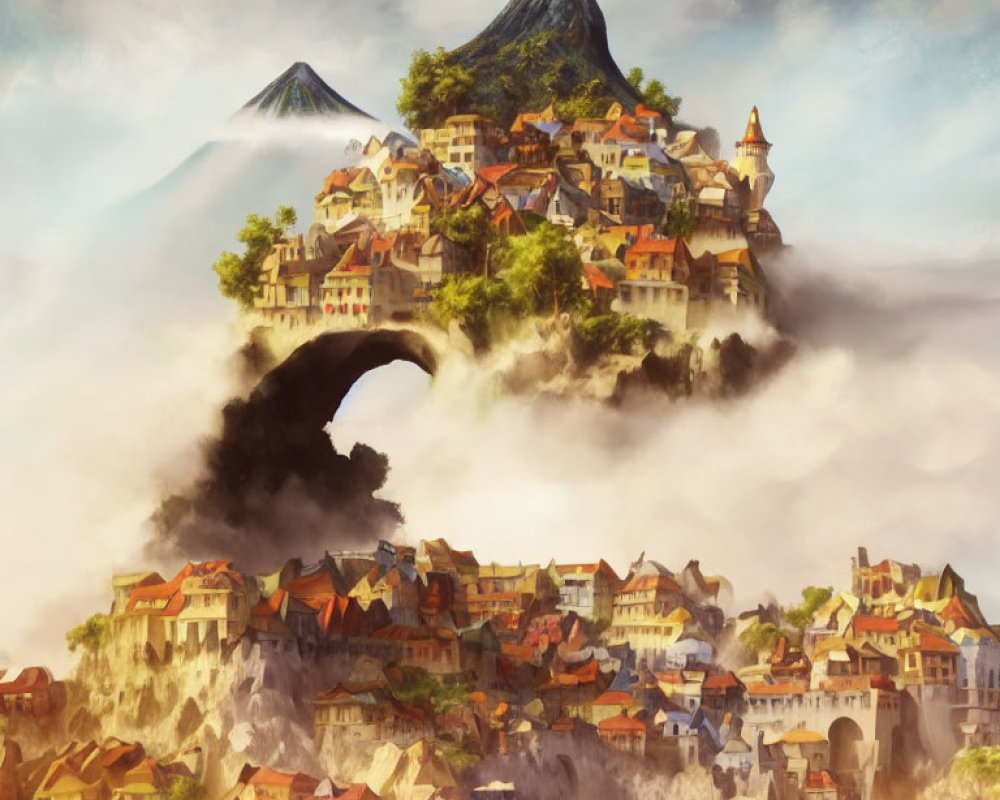 European-style architecture in fantasy floating village amidst clouds with twin mountain peaks.