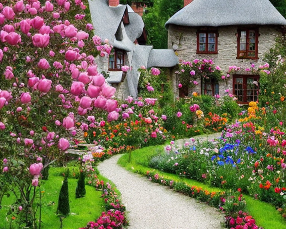 Charming stone cottages with thatched roofs and blooming gardens