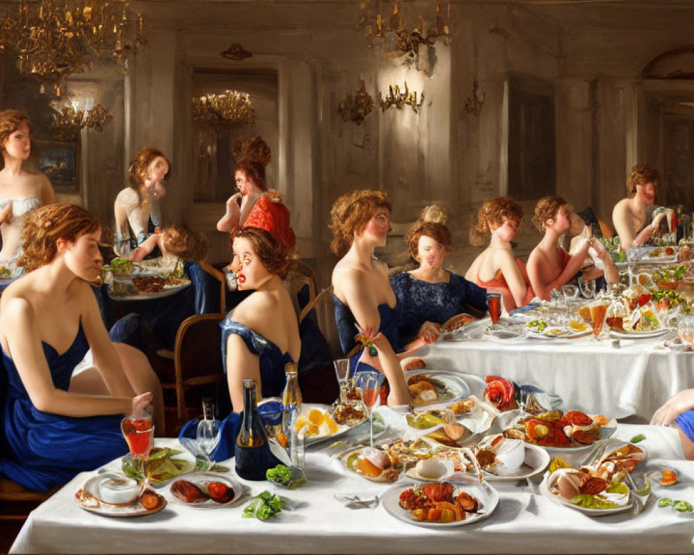 Opulent banquet scene with elegantly dressed figures in blue robes at a lavish table.