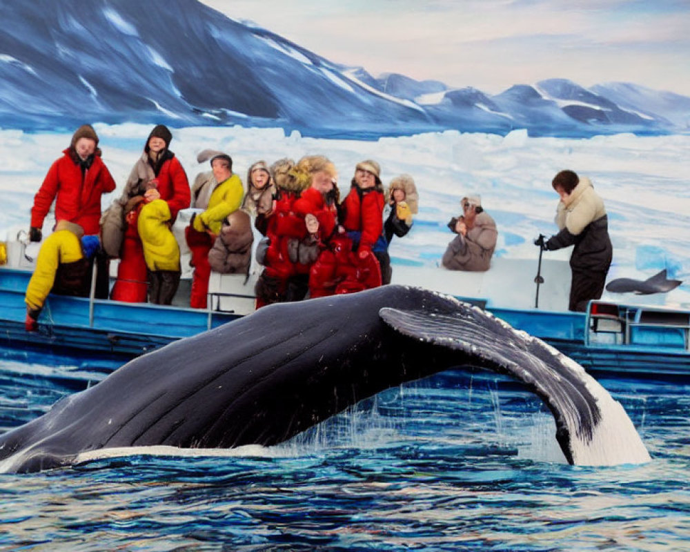 Tourists watching whale breach in polar seascape
