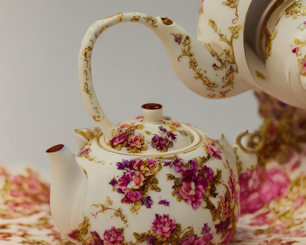 Porcelain Teapot with Gold Accents and Floral Pattern