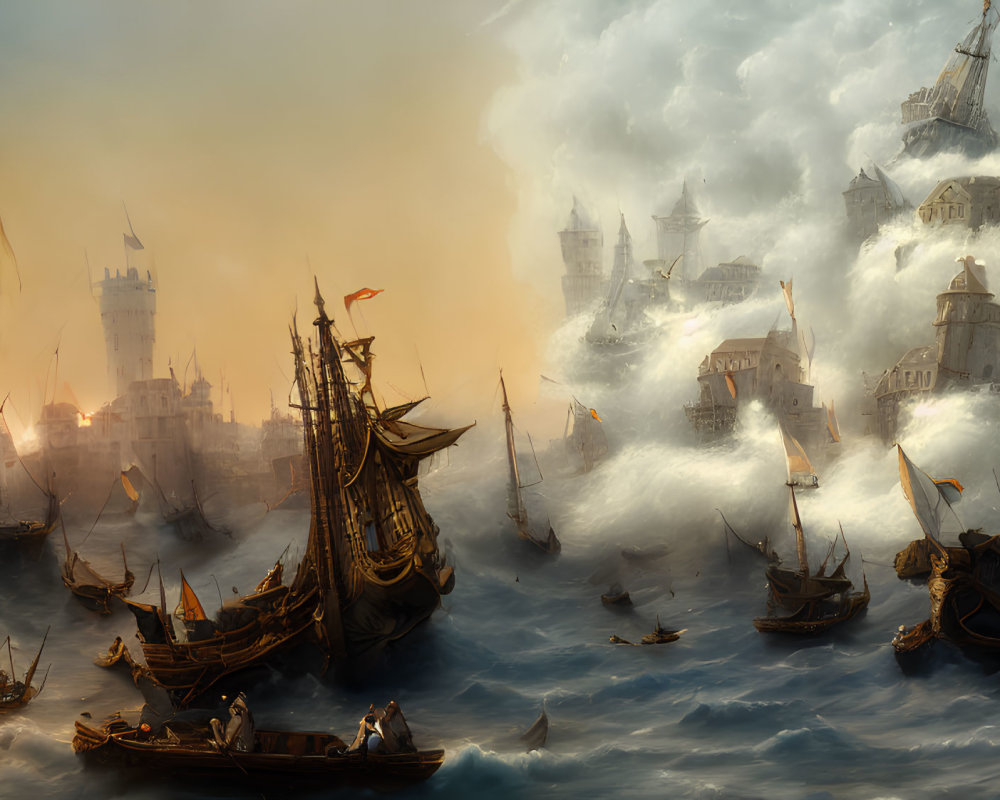 Seascape with ships navigating turbulent waves near fortress towers in misty atmosphere
