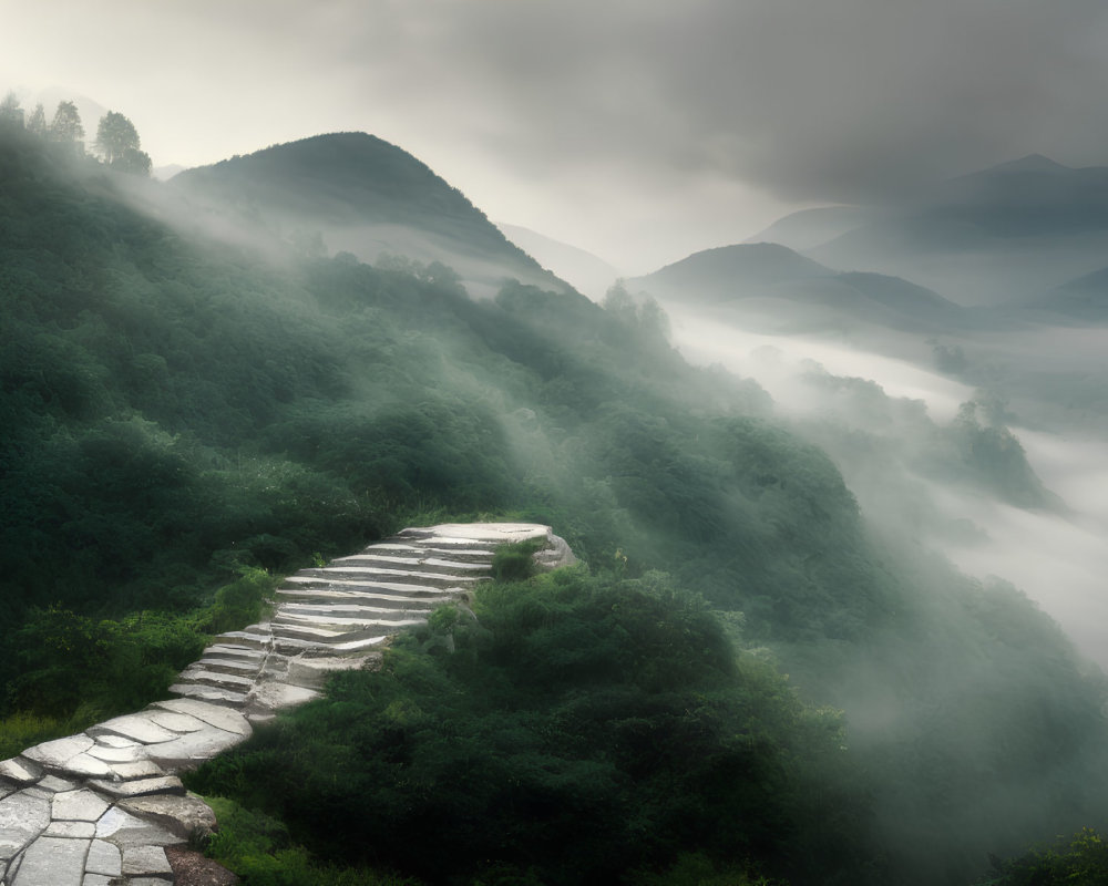 Stone path ascends lush green hillside in misty mountain landscape