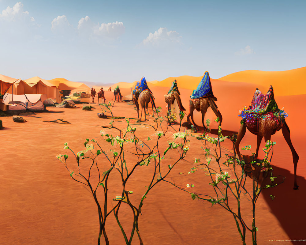 Colorful Camel Caravan Passing Desert Campsite with Tents