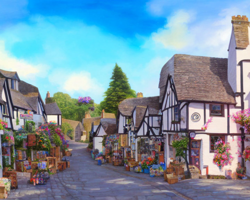 Picturesque village street lined with half-timbered buildings and colorful flowers under a blue sky