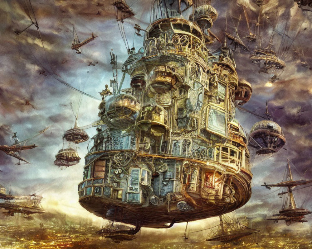 Steampunk city floating in the sky with airships and cloudy skies