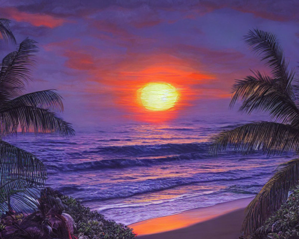 Scenic beach sunset with glowing sun, palm trees, and crashing waves