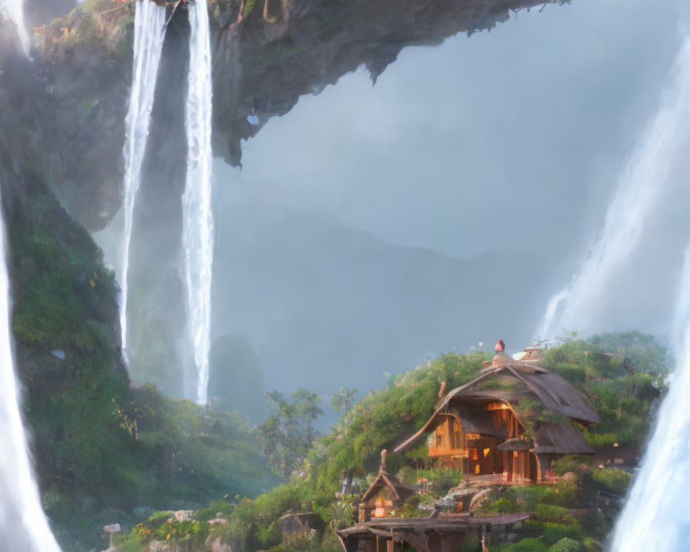 Fantasy landscape with floating island, waterfall, wooden houses, misty mountains.