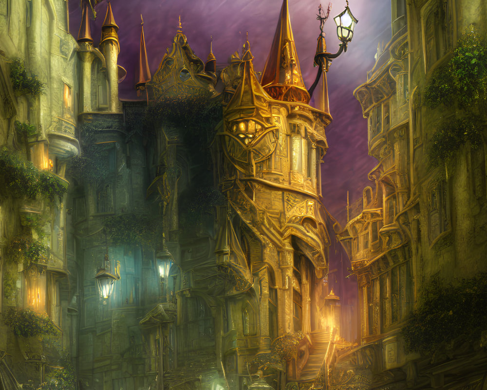 Gothic fantasy cityscape with golden-lit buildings and twilight sky