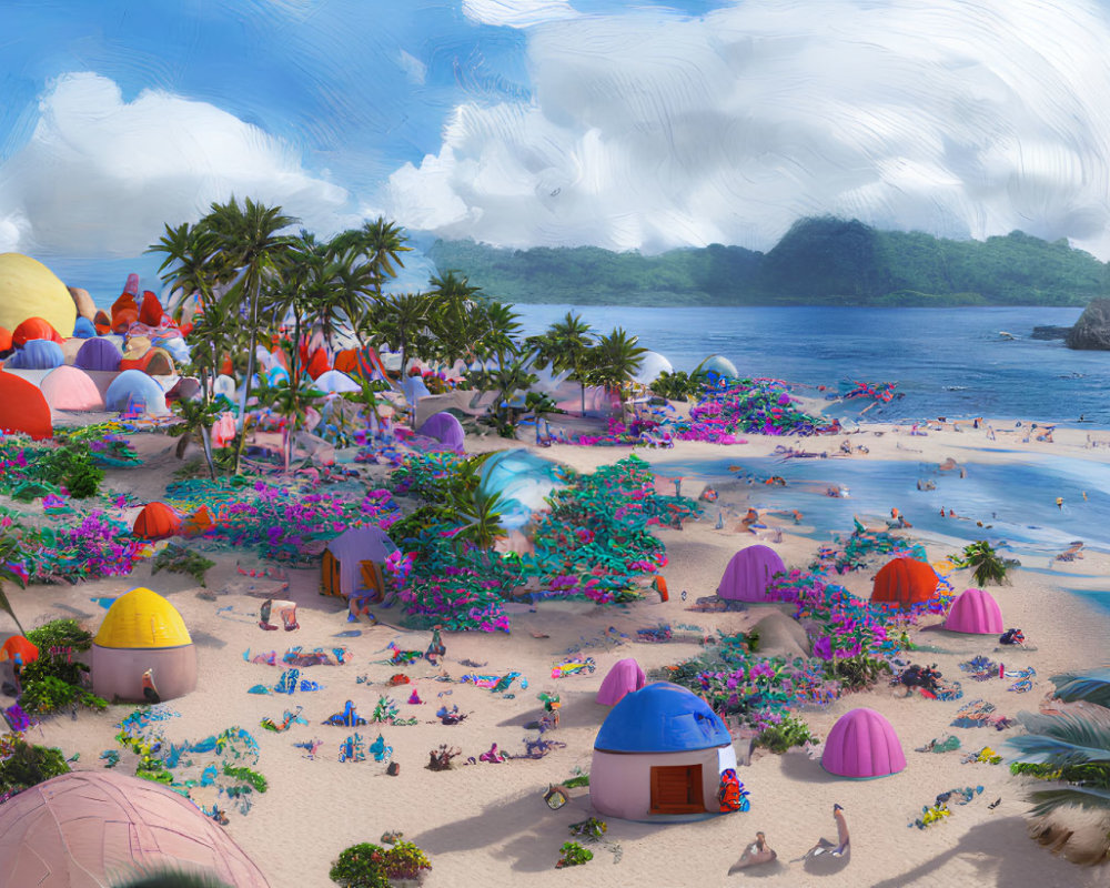 Vibrant beach scene with colorful domed structures, lush flora, and people enjoying seaside ambiance