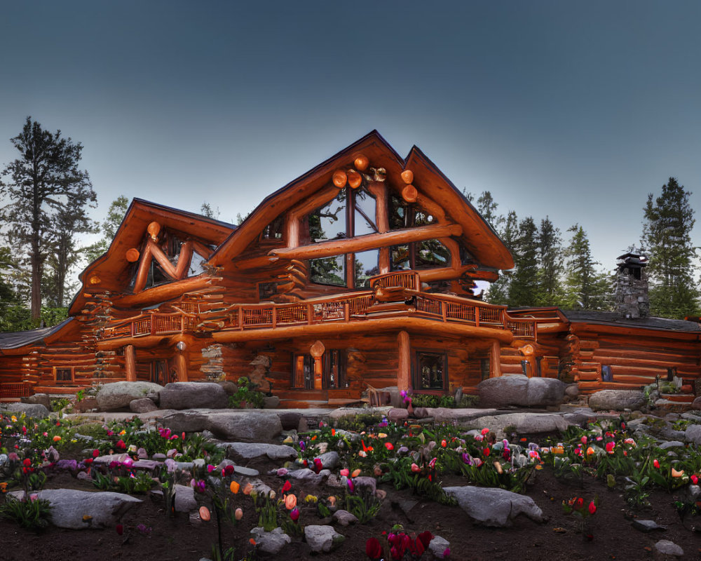 Rustic log cabin with lit windows amidst colorful tulips