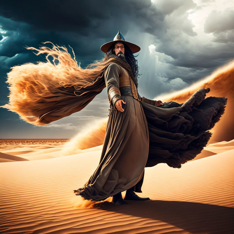 Wizard-like Figure in Wide-Brimmed Hat and Robes Stands in Desert