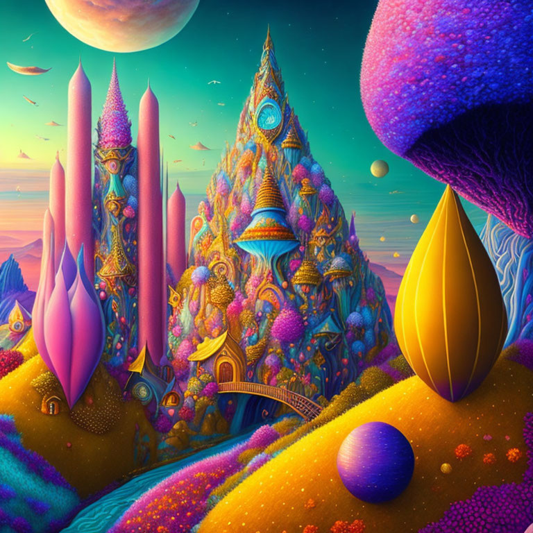 Colorful fantasy landscape with whimsical structures and surreal plant-like formations