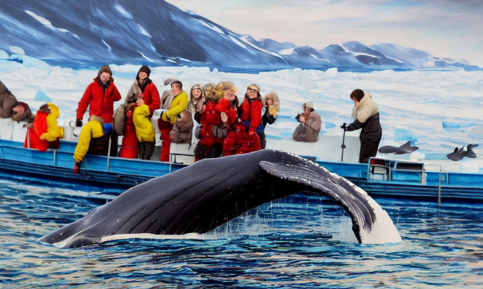 Tourists watching whale breach in polar seascape