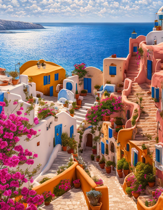 Colorful flowers decorate stairway in seaside village with blue domes.