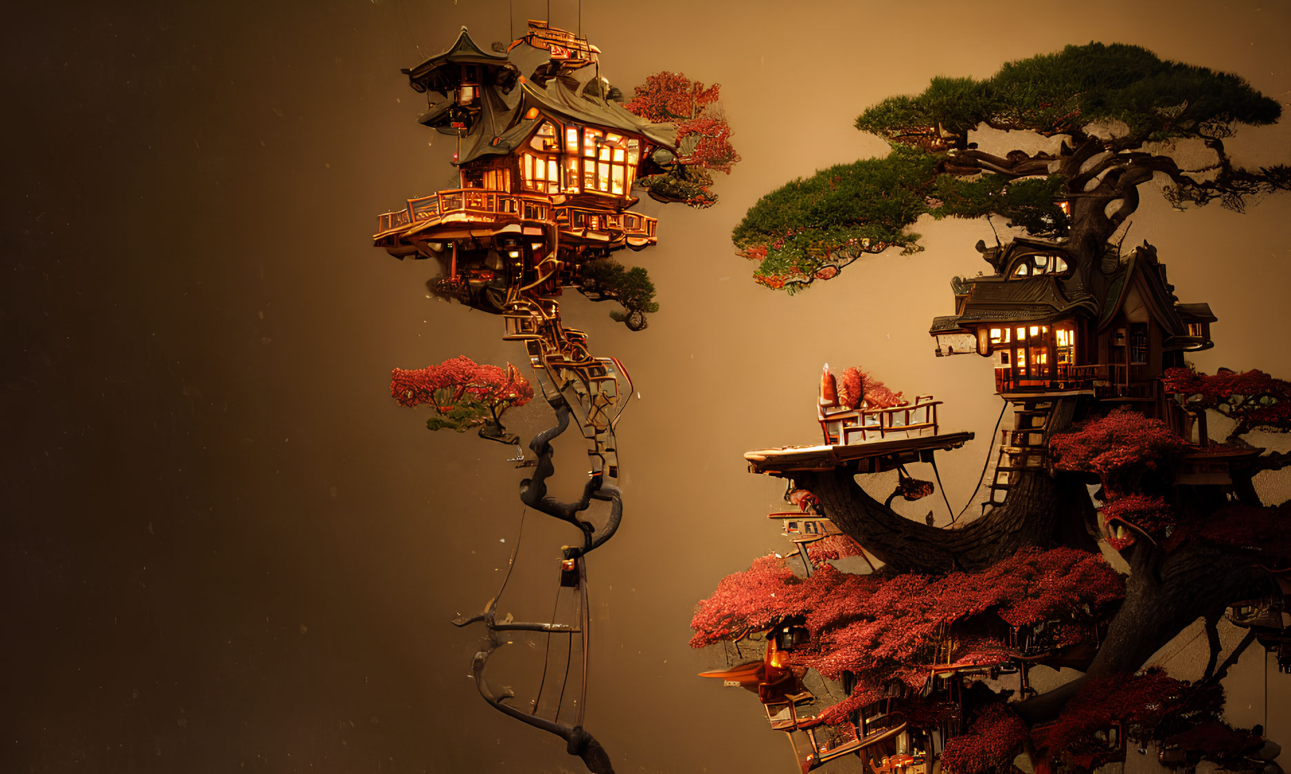 Asian-style treehouse complex in bonsai tree at dusk