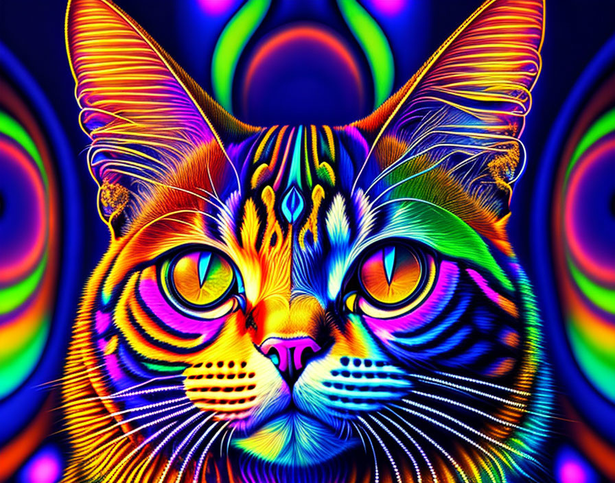 Colorful Neon Cat Artwork with Psychedelic Patterns on Dark Background