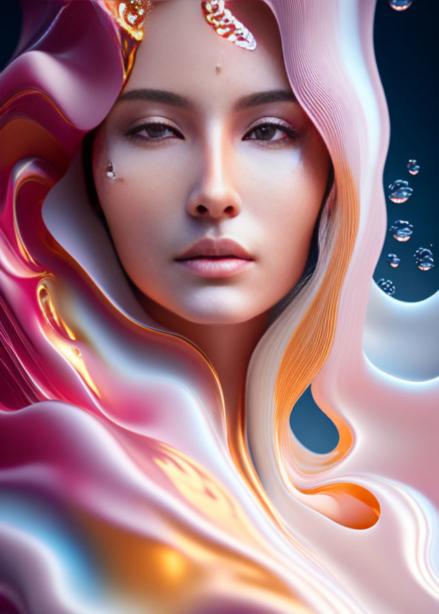 Serene woman portrait with colorful shapes and gemstone accents