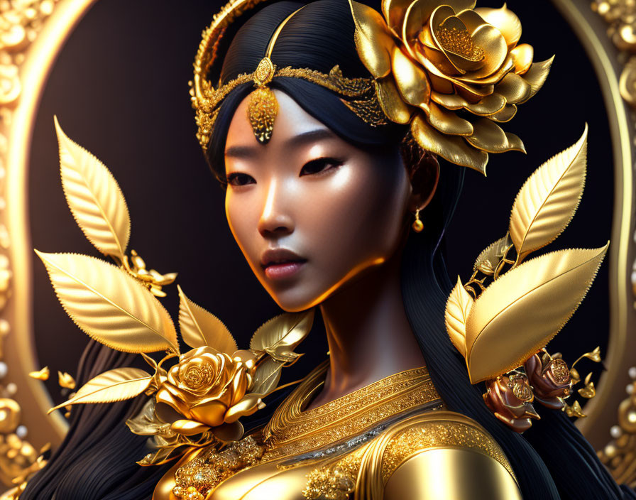 Regal woman in golden floral accessories and elegant attire on dark background