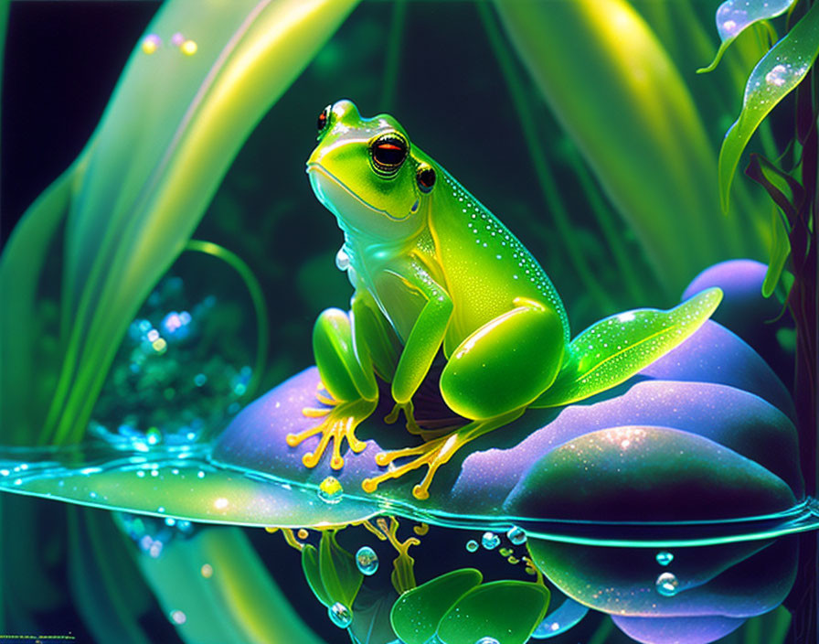 Green frog on leaf with water droplets and lush green backdrop