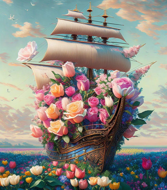 Surreal artwork: ornate ship with vibrant flowers above tulip field