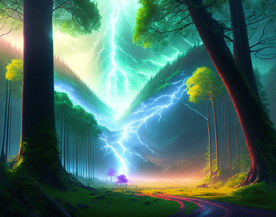 Digital art: Lightning strike in enchanted forest with glowing tree & illuminated pathway