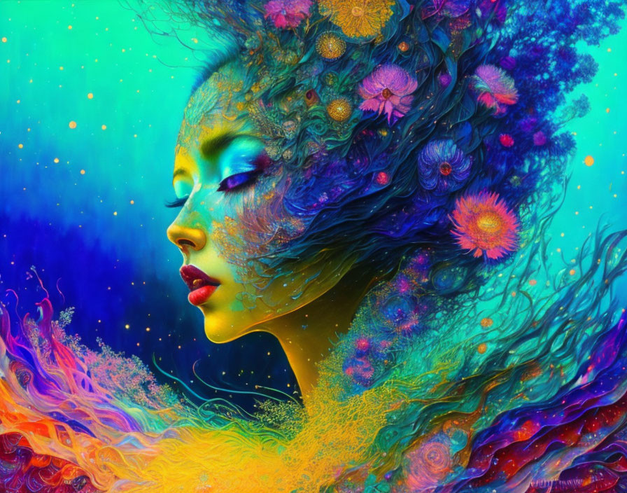 Colorful Artwork: Blue-Skinned Woman with Psychedelic Floral Patterns