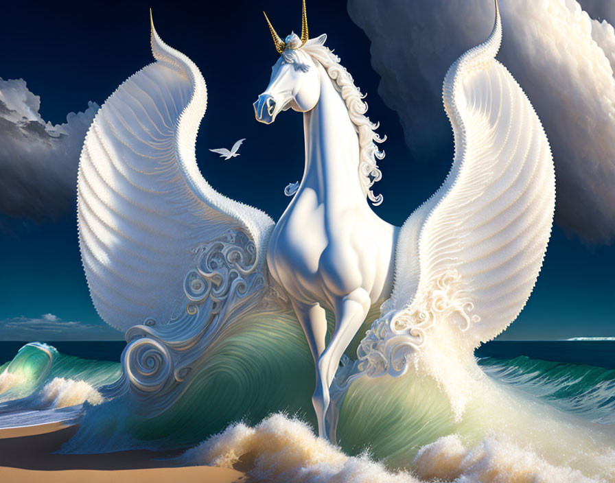 Majestic winged unicorn by the sea with ornate wings, waves, seagull,