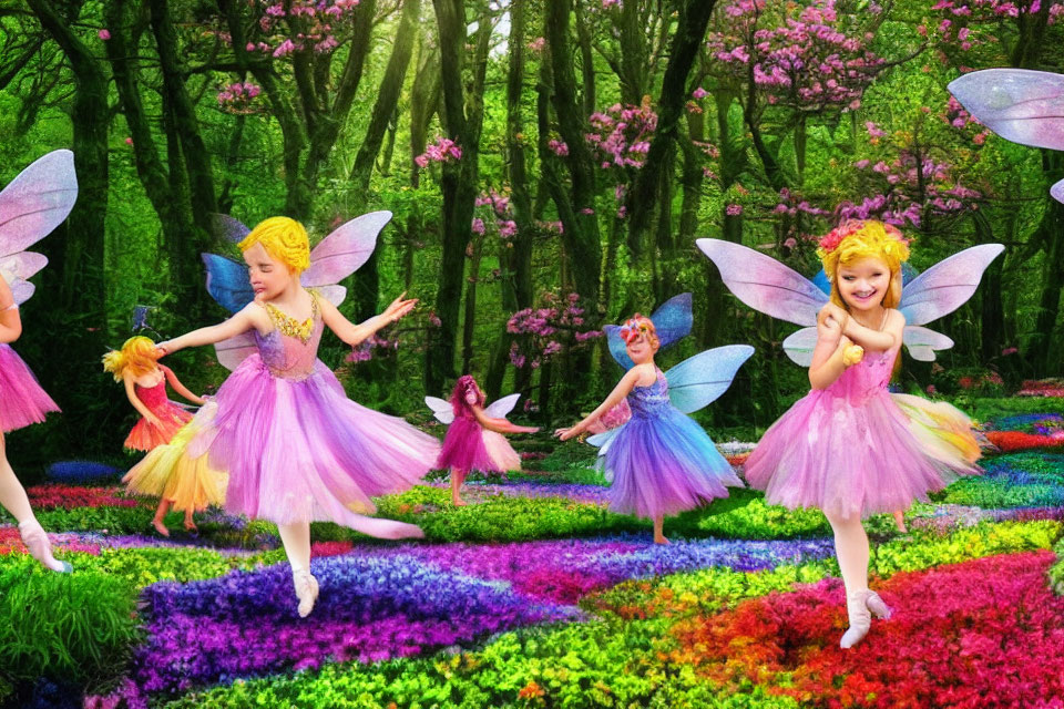 Colorful Dancing Fairies in Vibrant Forest Scene