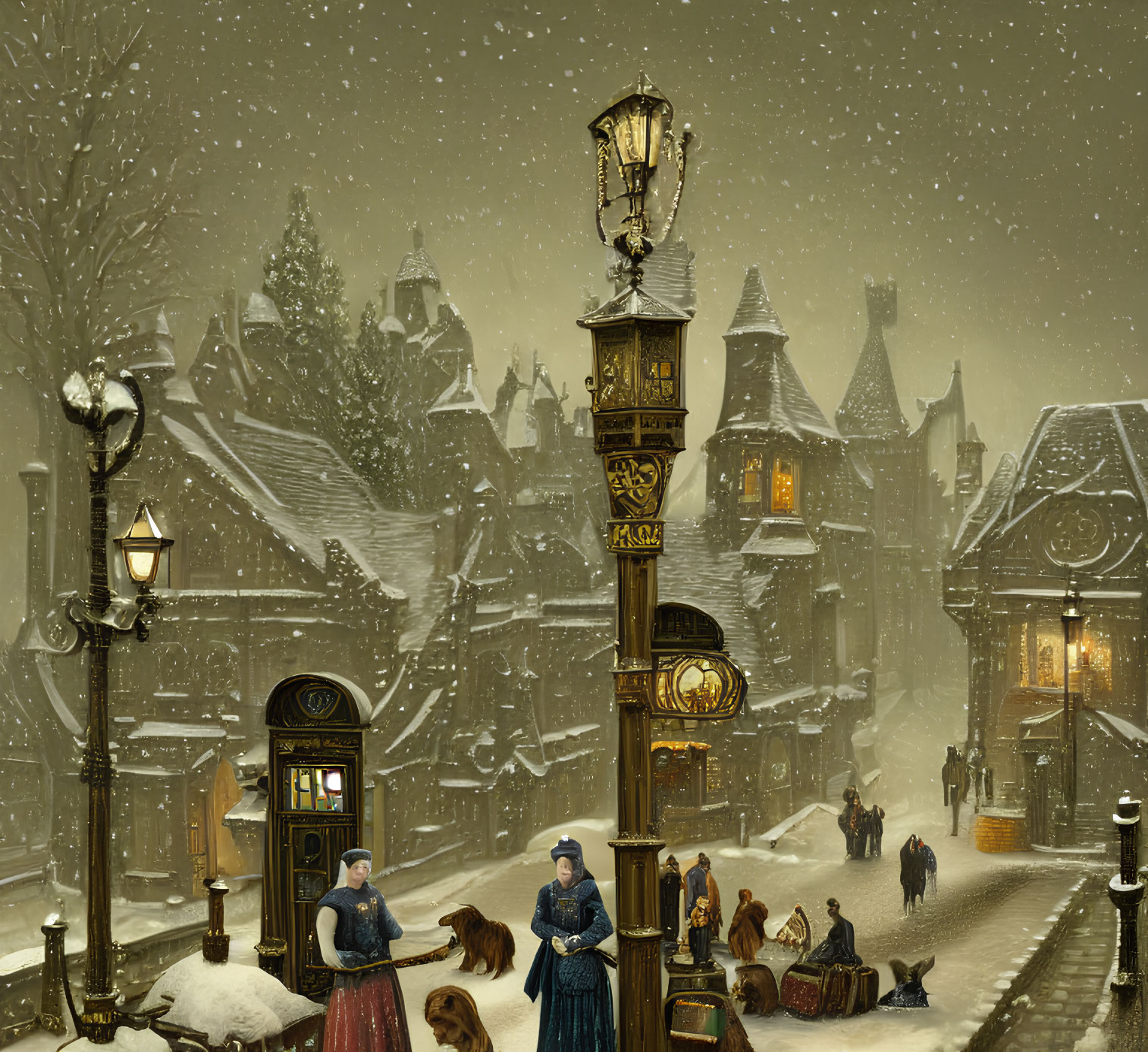 Victorian snowy street scene with period clothing, dog, lit lamps, and dusk sky
