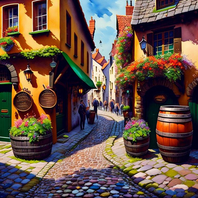 Colorful Cobblestone Street with Quaint Buildings and Flowers