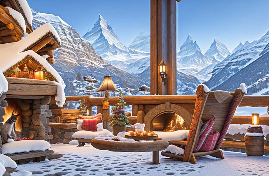 Winter Chalet Terrace with Plush Seating and Mountain View at Twilight