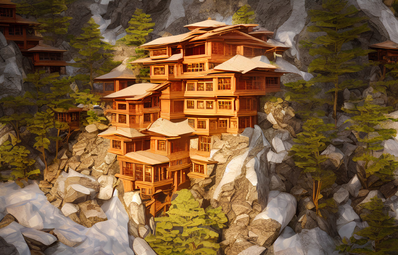 Wooden building on steep mountain cliff with trees and sun rays.