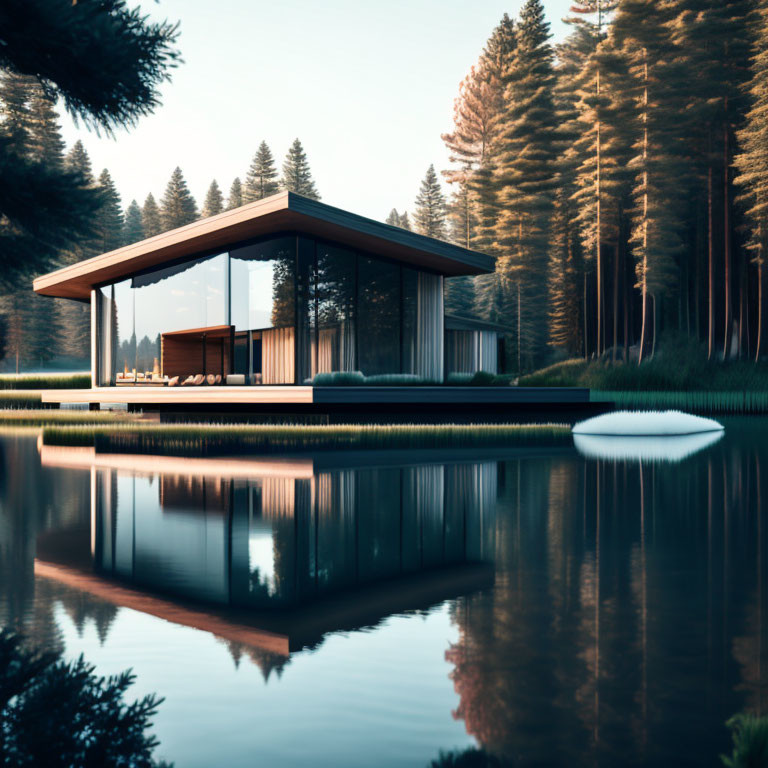 Contemporary lakeside house with glass windows, serene surroundings, clear sky, and reflected trees.