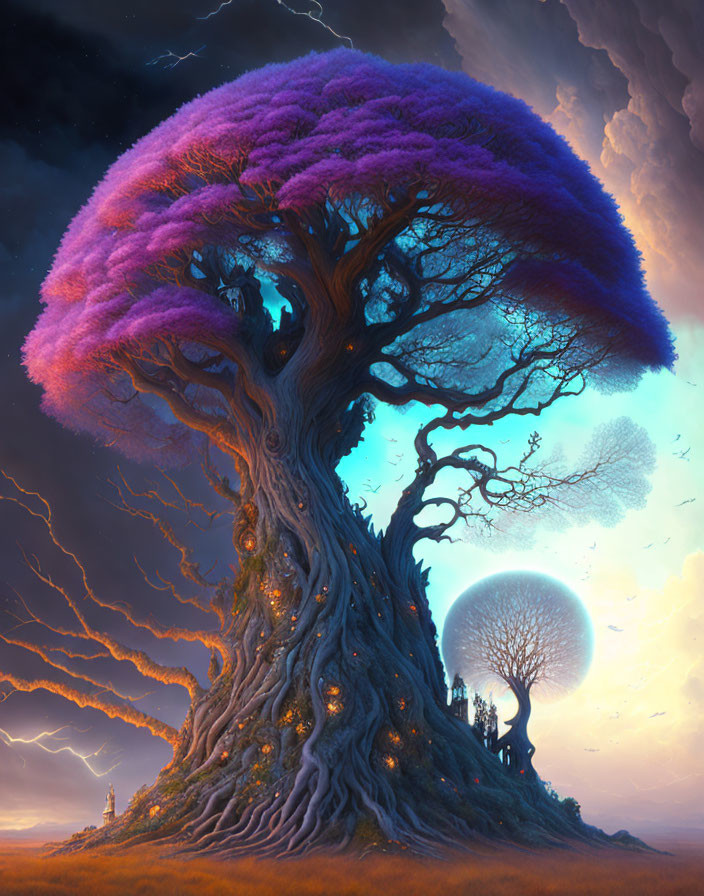 Ethereal artwork of massive tree with purple foliage, lightning bolts, twilight sky, and luminous
