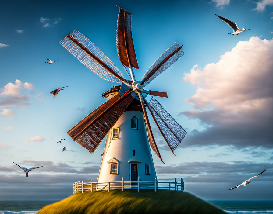 Windmill on grassy hill with rotating sails and birds against dramatic sky