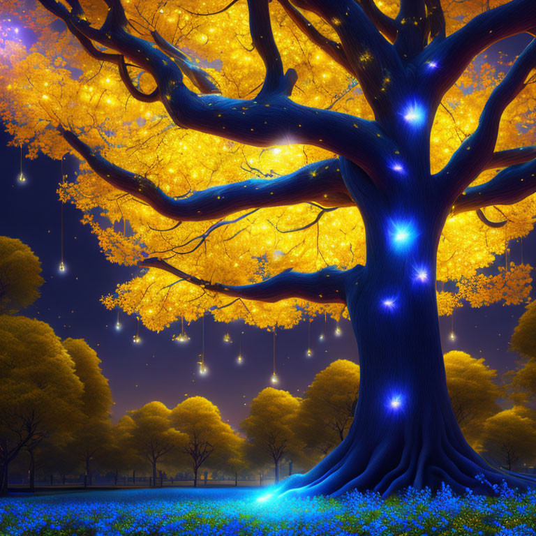 Colorful illustration of glowing blue tree in mystical forest