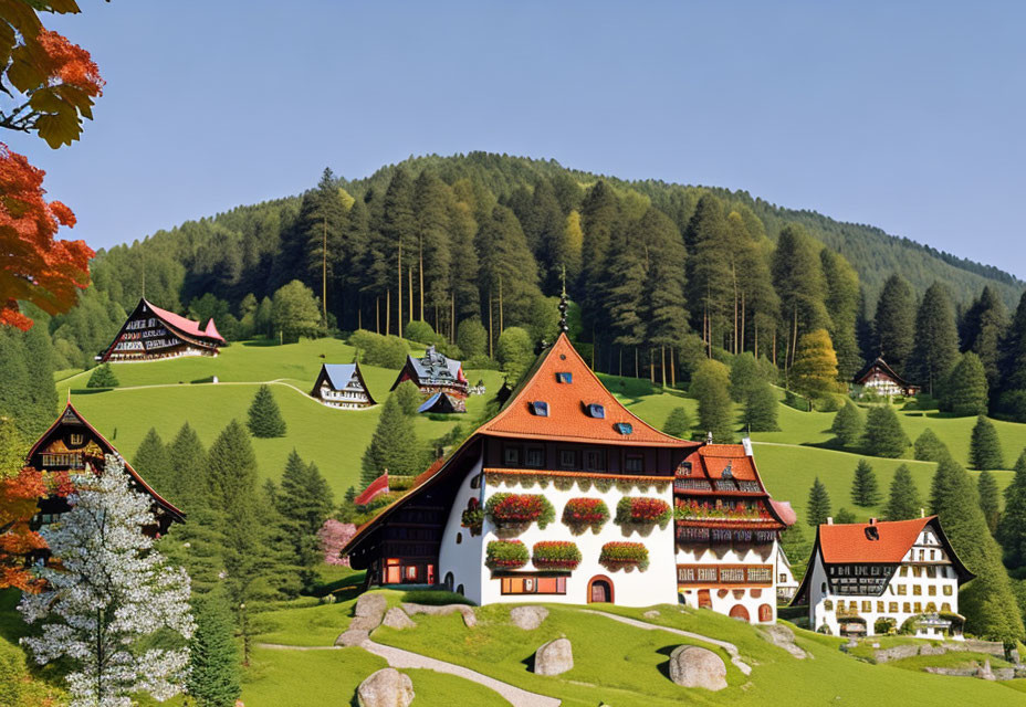 Traditional houses, green meadows, forested hill in rural landscape