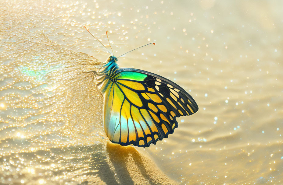 Colorful Butterfly Resting on Sandy Surface with Glittery Sunlit Background